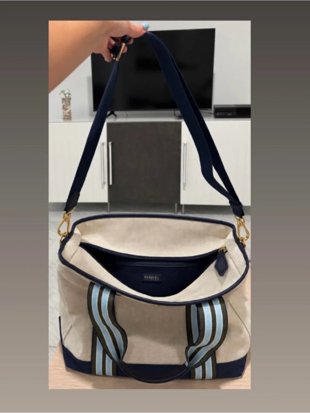Canvas Tote Bag with Blue Stripe Handles - Unbranded